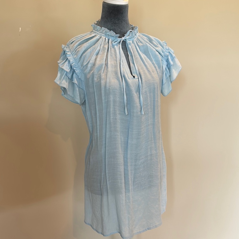 Blue Puff Sleeve Mini Dress with Ruffled Tie Front